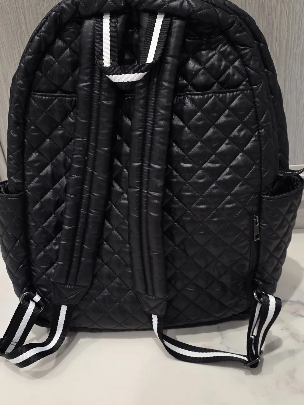 DARK Blue, NAVY Quilted Women's Backpack with White Center Stripe and Bear Patch